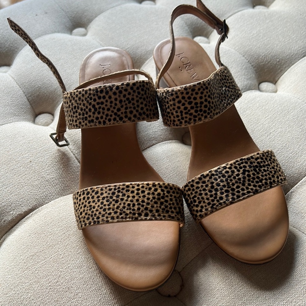 J Crew Calf Hair Block heel sandals in dot